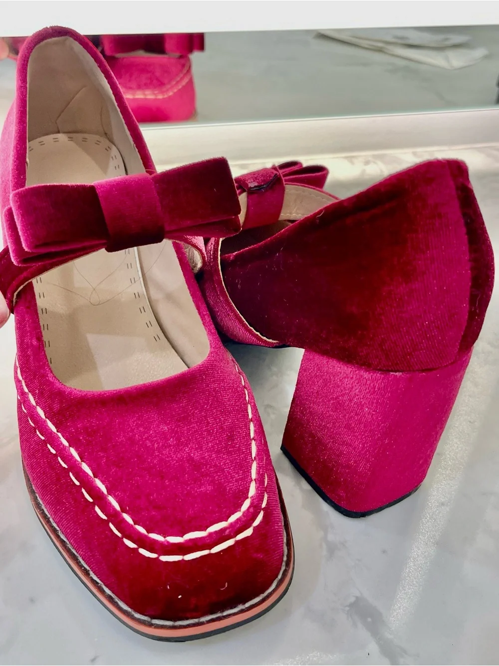 Velvet Mary Jane Pumps with Bow in Wine Pink